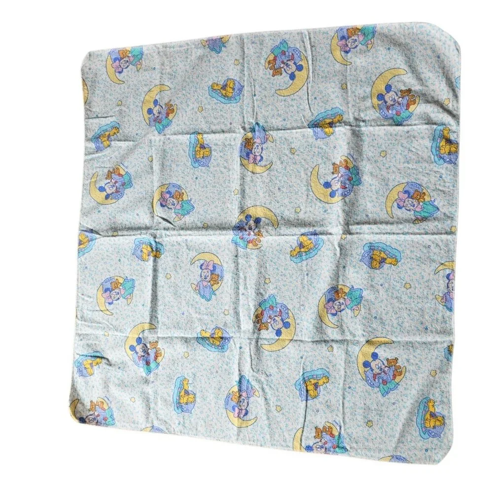 Vintage Disney Mickey Mouse Minnie Moon Blue Receiving Baby Blanket  26 X‎ 28